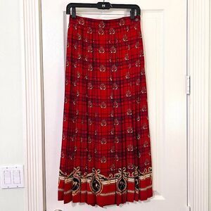 Vintage Susan Bristol Red Black & Gold Tartan Pleated Midi Skirt Fox Hunt Themed